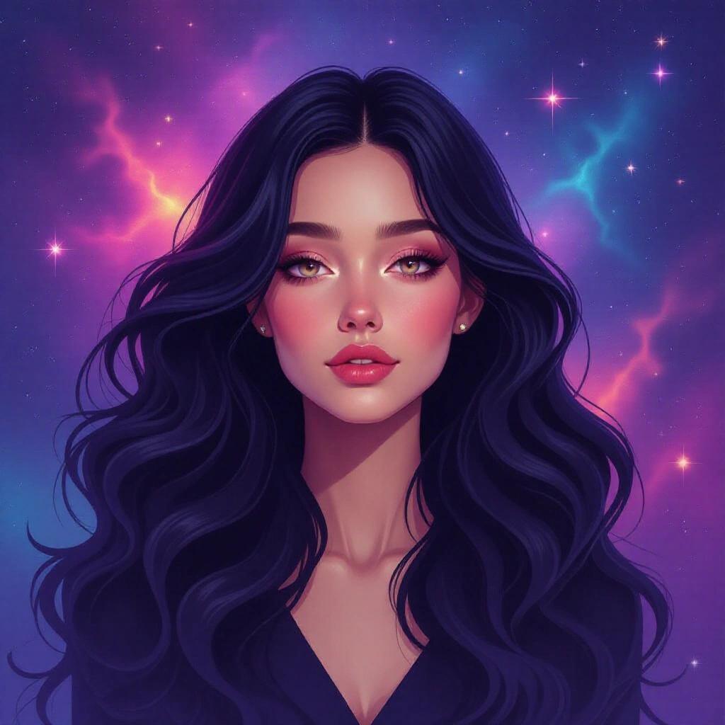 Vibrant digital painting of a young woman in a cosmic setting. Background features stars and nebula in purple, blue, and pink. Woman has long black hair and a serene expression. She wears an iridescent gown and a crystal necklace. Overall atmosphere is tranquil and surreal.