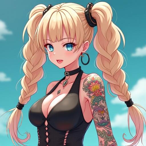 Anime-style illustration of a woman with blue eyes and large blonde pigtails. Features modern punk rock clothing, showcasing intricate Japanese tattoos. Set in a vibrant summer background. Woman appears confident and stylish, singing.