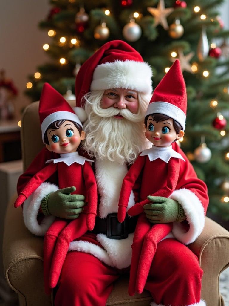 Santa Claus sitting in a chair holding two red-clad elves in front of a Christmas tree adorned with lights and ornaments.