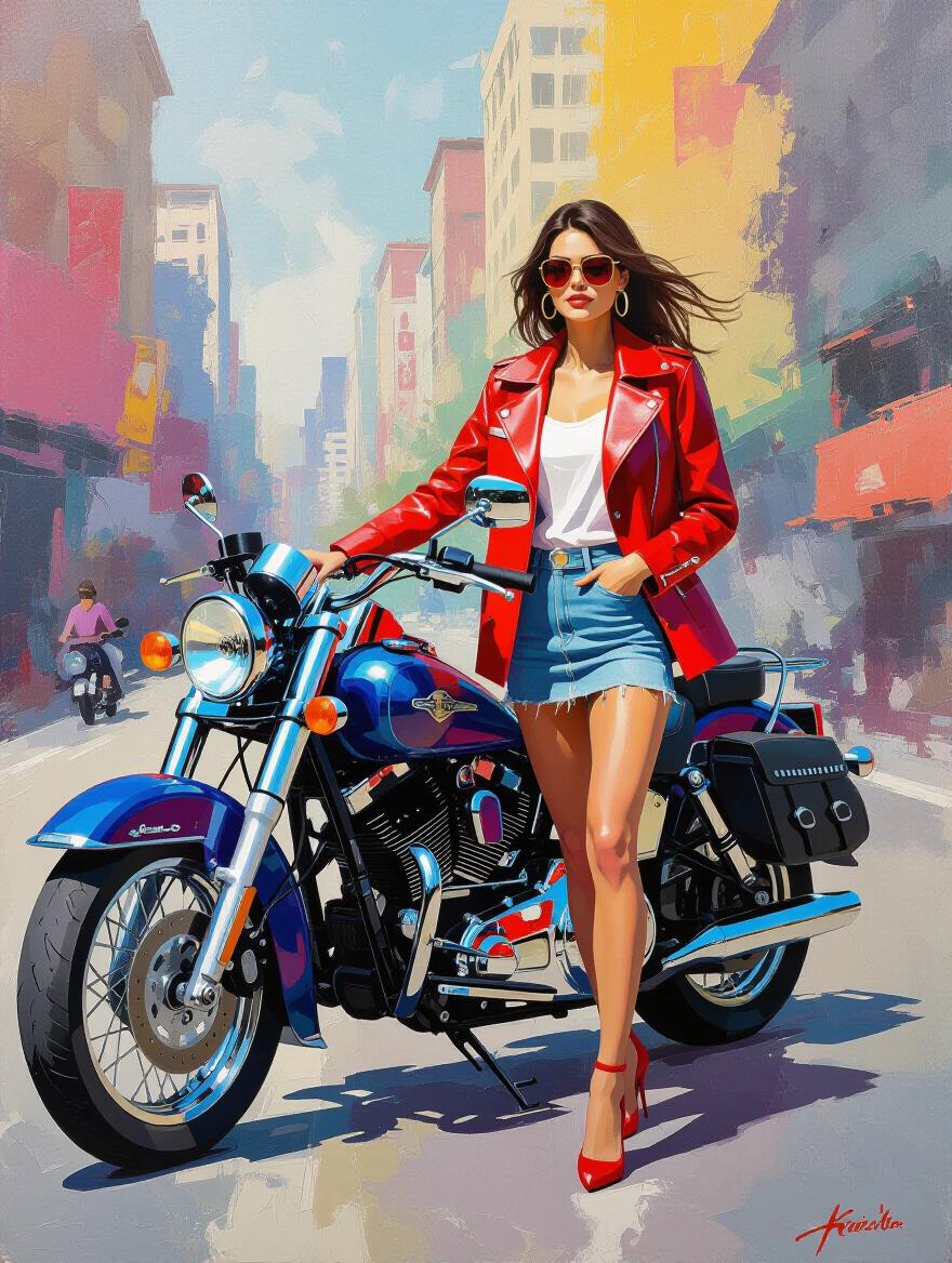 High fashion city lady stands next to a classic motorcycle. Abstract expressionist style with bold brushstrokes and vibrant colors. Energetic spontaneity.