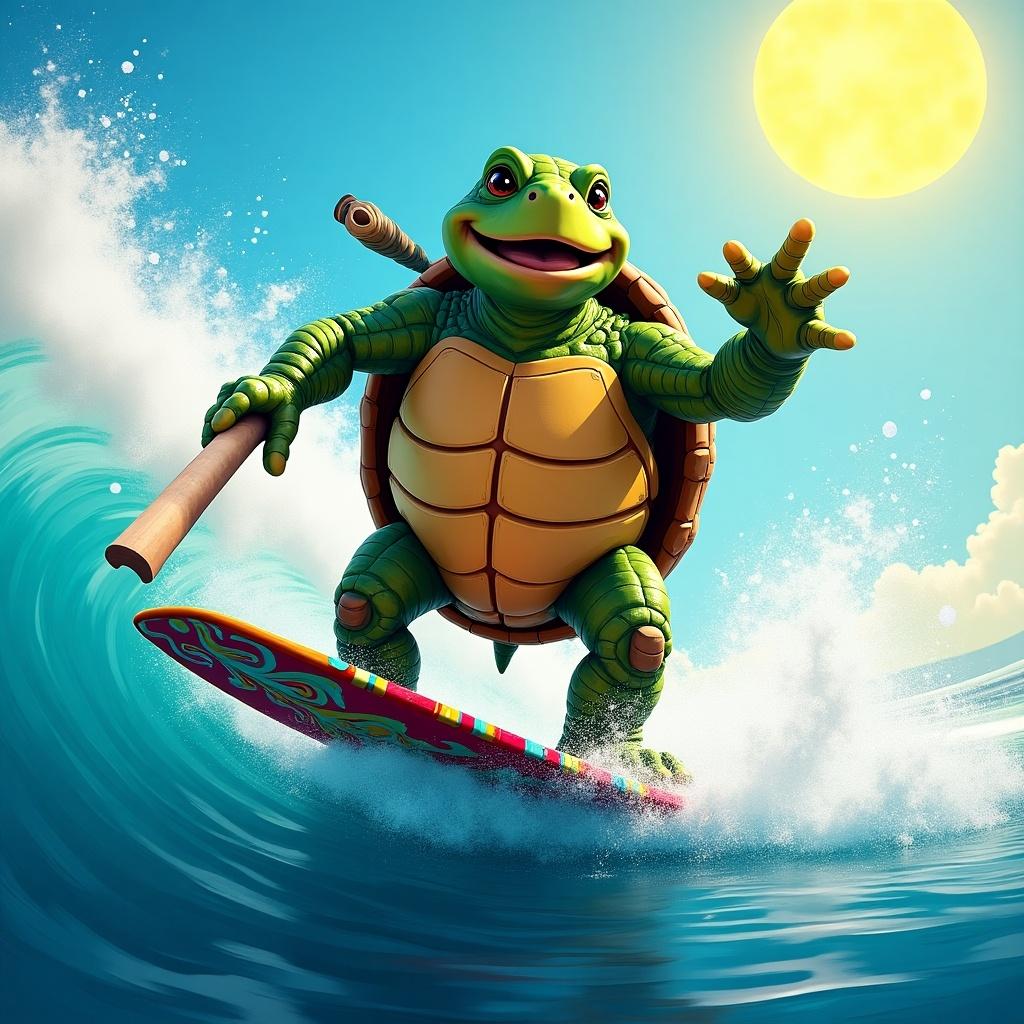 A turtle riding a surfboard on a wave under a bright sun. The turtle is smiling and is anthropomorphized, showing human-like features.