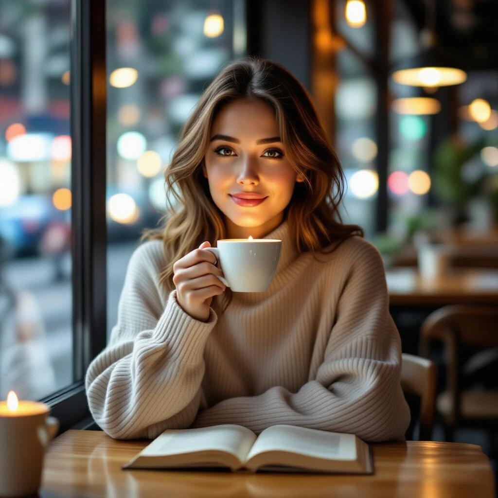 A cozy cafe scene featuring a young woman holding a steaming cup of coffee. She sits at a table with an open book, gazing thoughtfully into the distance. The background shows a bright window with blurred city lights, creating a warm and serene atmosphere. Warm tones and soft lighting enhance the comforting feel of the image.