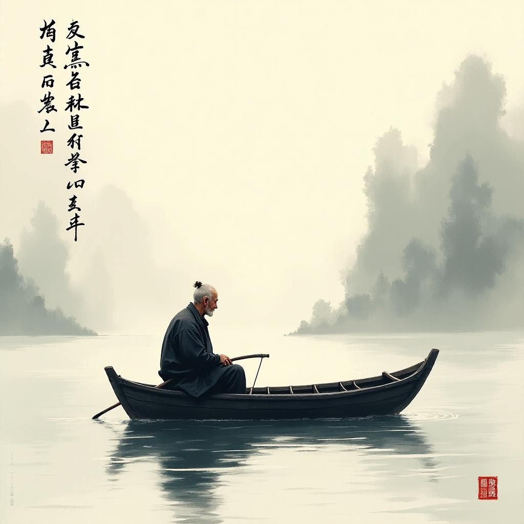 Create Chinese ink painting of old man on boat. Depict vast water and misty sky. Include Chinese poetry lines.