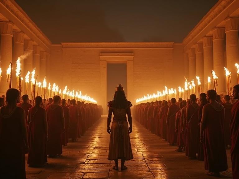 Ultra-realistic wide shot of a grand Egyptian temple courtyard at night with many torches. A silent crowd stands including men women soldiers and priests with authentic Egyptian features. Pharaoh wears stylized armor resembling that from a film with gold-plated armor and royal crown.