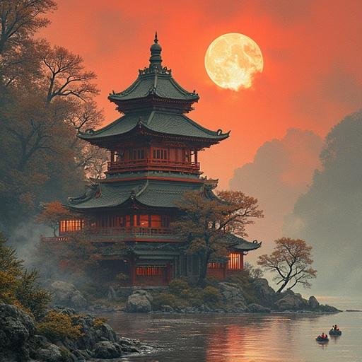 Traditional Chinese pagoda situated by a serene lake at sunset with a large full moon in the background. Mist surrounds the area with trees and rocks enhancing the natural beauty.