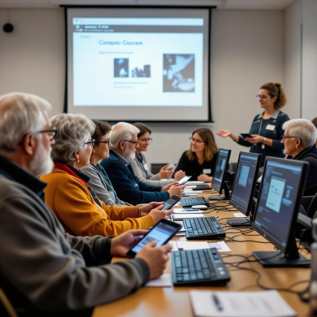 Classroom setting for a computer course. Elderly individuals participate in the lesson. Everyone has cell phones or tablets. Participants look at projector screen. Focus on learning and engagement.