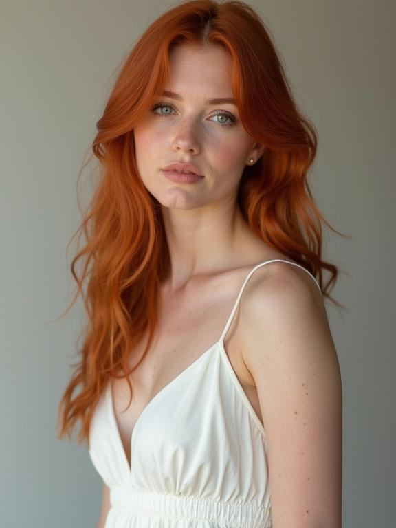 Twenty-year-old woman with long red hair. She wears a white dress with spaghetti straps. The background is soft and neutral. The overall aesthetic is light and airy.