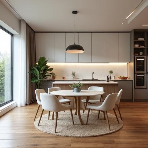 Interior of a modern student apartment featuring a kitchen and dining area. Includes a circular dining table, four chairs, and a potted plant. Natural light coming from large windows.