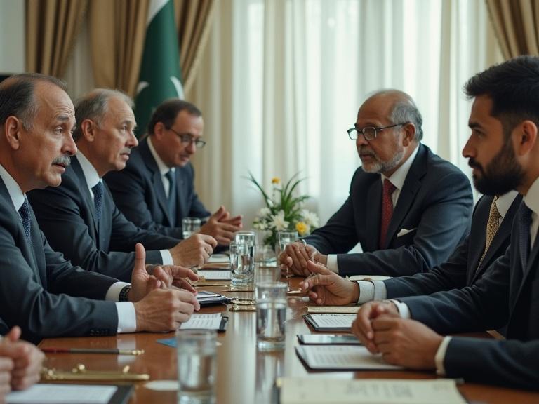 Image of a formal business meeting. Group of men in suits discussing around a table. Natural lighting through curtains. Serious atmosphere reflected in their body language.