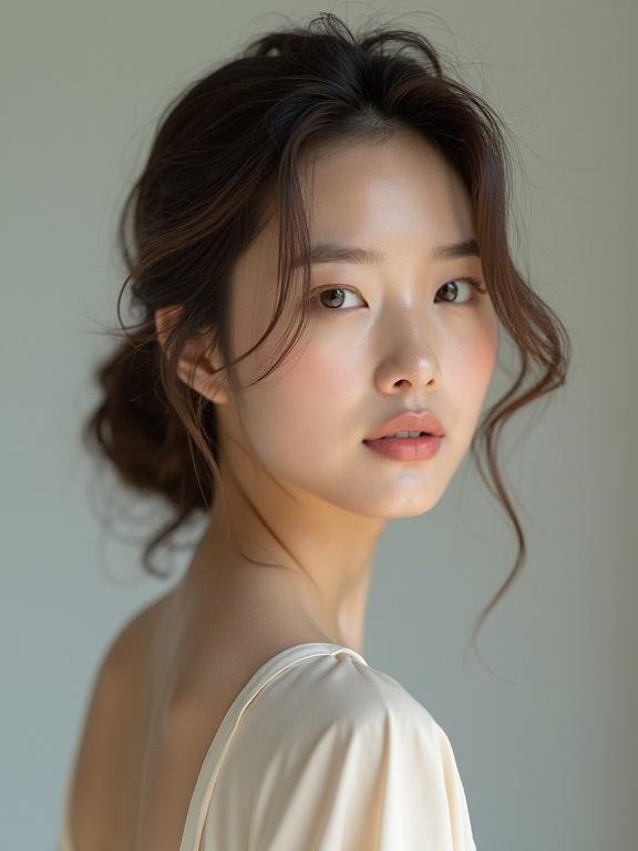 Portrait of an 18-year-old Korean actress with a small face and symmetrical features. She has a sharp V-line jawline, large shiny almond-shaped eyes, and supermodel-like proportions. The image captures her tall figure with long legs, delicate ankles, and a dramatic silhouette. Her skin is glossy, and her collarbone lines are vibrant. The focus is on a sophisticated, elegant look.