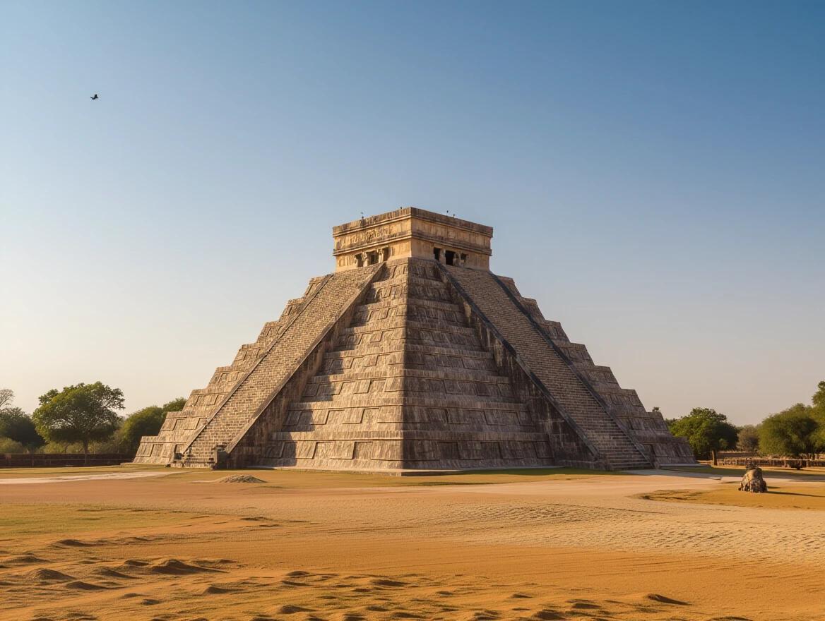 Mayan pyramid known as Chichen Itza sits under clear blue sky. This structure is a significant landmark in Yucatán, Mexico. The pyramid is made of stone and has steps leading to the top. Surrounding landscape is dry with hints of greenery. Image showcases the beauty and history of this ancient site.