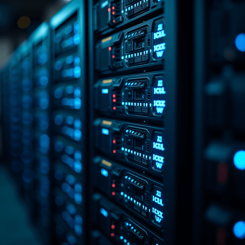 A row of server racks with glowing blue and red lights in a dimly lit data center.