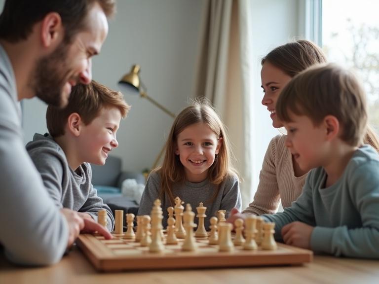 Family of four engaged in a chess game at a dining table in a bright living room. Natural light fills the room providing warmth. Chess pieces are realistically arranged on the board. The family appears happy and engaged, with faces clearly visible and no obstructions.
