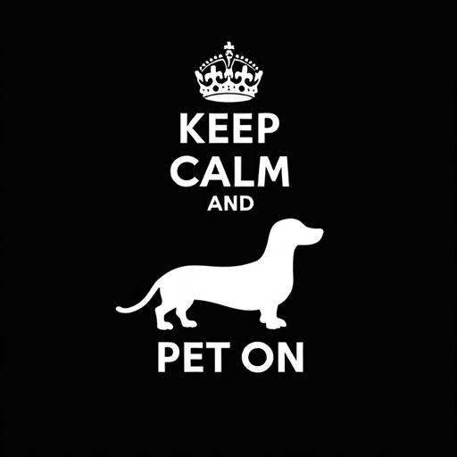 Image features a black background with a white dachshund silhouette. The phrase 'KEEP CALM AND PET ON' in white text is displayed. A crown is above 'KEEP CALM'. 'AND' is smaller and above the dog. 'PET ON' is below the dog.
