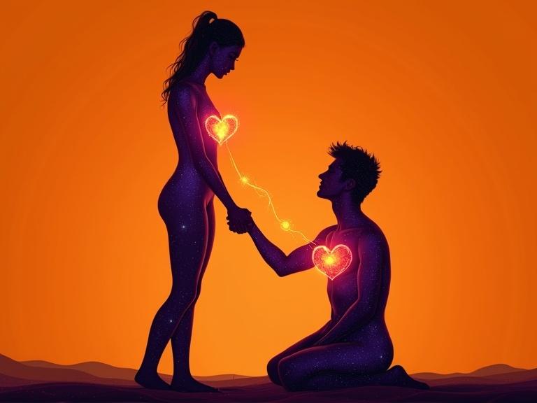 Cosmic-themed digital silhouette artwork. Young naked woman stands. Man sits on the ground holding her hand. Bodies textured with deep purple starry sky. Glowing anatomical hearts on their chests. Vivid orange energy thread connects their hearts. Background has smooth orange gradient.