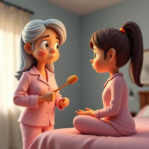 A strict American housewife in pajamas holding a wooden paddle. A cute young woman looks shocked while sitting on the edge of her bed. They are looking at each other. 3D cartoon style scene in a cozy bedroom.