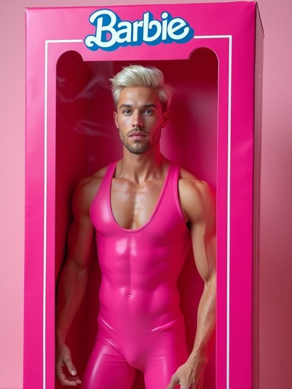 Conceptual fashion photograph recreates life-size Ken doll package. Features a male model with chiseled features in a form-fitting hot pink bodysuit. Posed within clear plastic window frame with pink packaging. Iconic light blue Barbie logo on top. Model embodies enhanced Ken aesthetic with platinum blonde hair and strong features. Professional beauty lighting creates glamorous glow against a solid background.