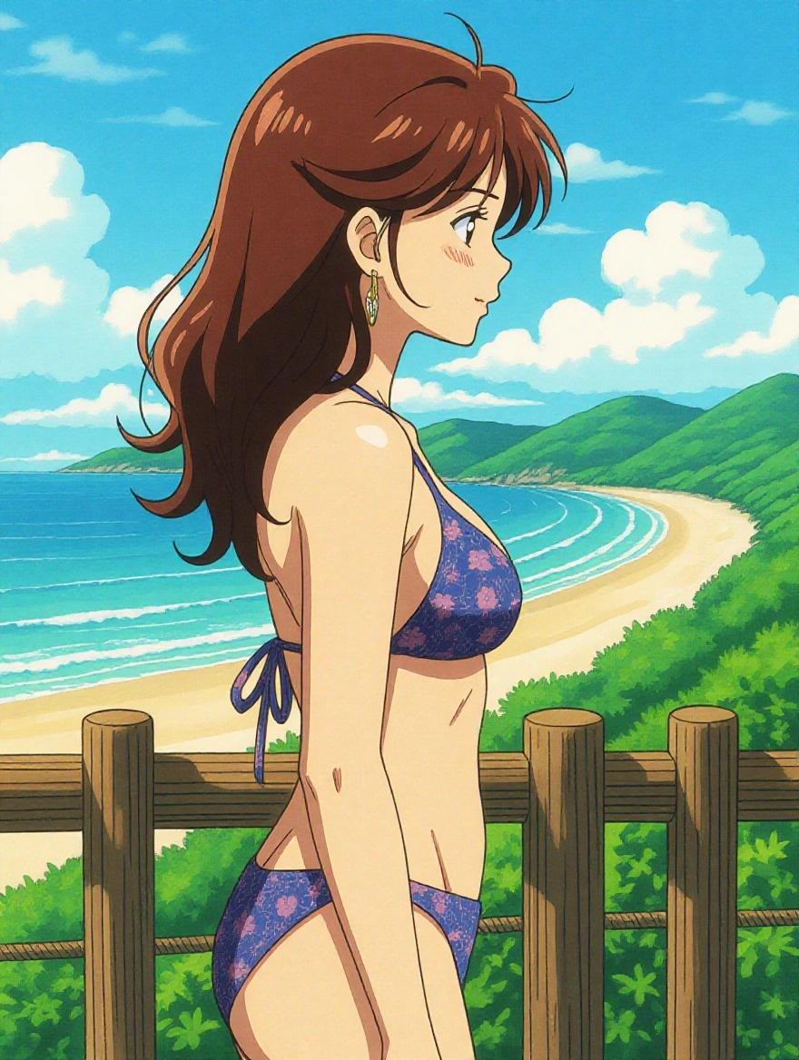 Anime-inspired image of a mature woman in a bikini. She looks to the right in a side profile view. A beautiful beach scene is in the background.