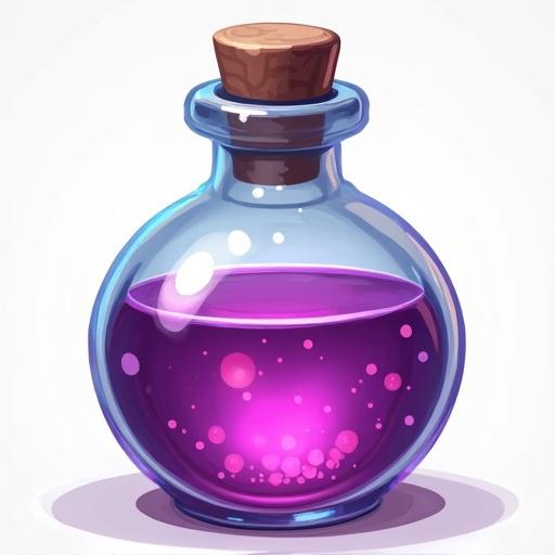 Icon of a magic potion for a card game. Styled after World of Warcraft. Features a round glass bottle with a cork top and vibrant purple liquid inside. Background is transparent.