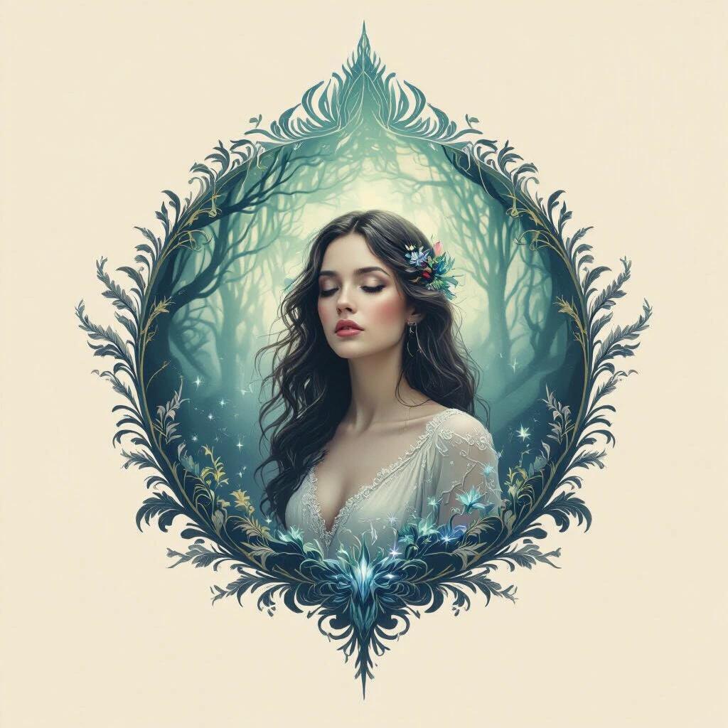 Ethereal female figure surrounded by nature elements. Dreamlike forest background with soft colors. Ornate frame encasing the subject. Whimsical and magical atmosphere.