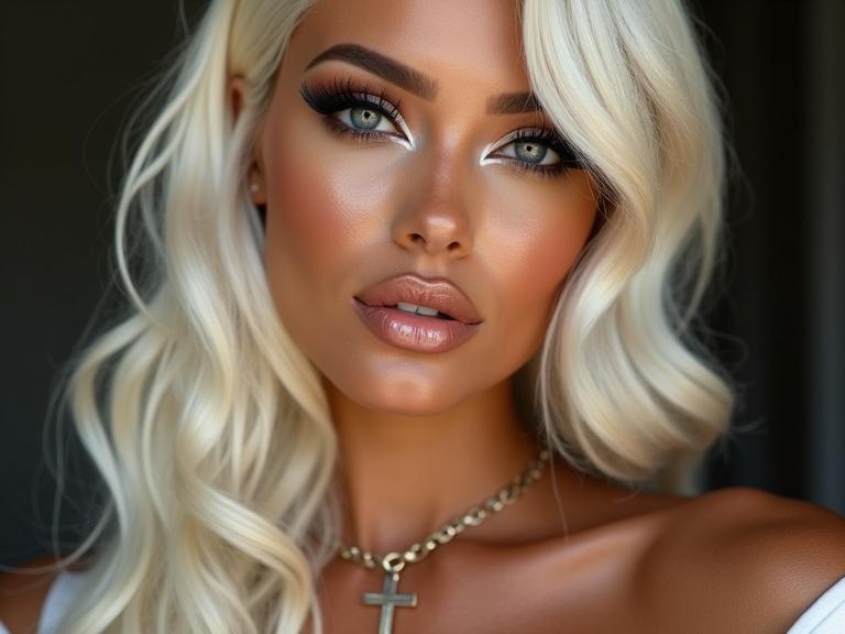 A striking image features a woman styled in a hyper-real aesthetic. Platinum blonde hair is softly curled and parted to the side. Makeup is meticulously applied for a surreal effect. White eyeliner, bold lashes, razor-sharp winged eyeliner, sculpted brows create cartoonish eyes. Lips are full and glossy, with gradient effect. Skin is deeply bronzed with sharp tan lines. Distinct tan outline of cross-shaped necklace contrasts against skin. Blends glamour, digital art vibes, and social commentary on beauty standards.