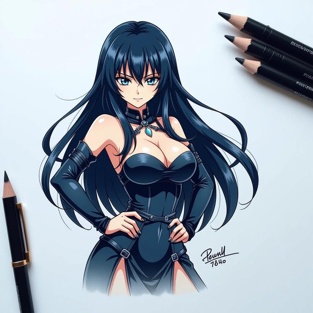 A character design featuring a female figure in a stylish costume. The character has long dark hair and is posed confidently. The design showcases intricate details in clothing, emphasizing a fashionable yet fierce appearance.