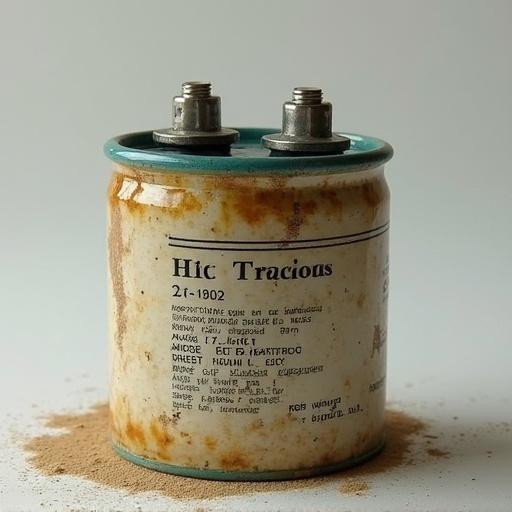 Image shows a vintage capacitor placed on a textured surface. The capacitor has a ceramic body with a worn label and two metallic terminals on the top. Surrounding the capacitor is a layer of fine dust.