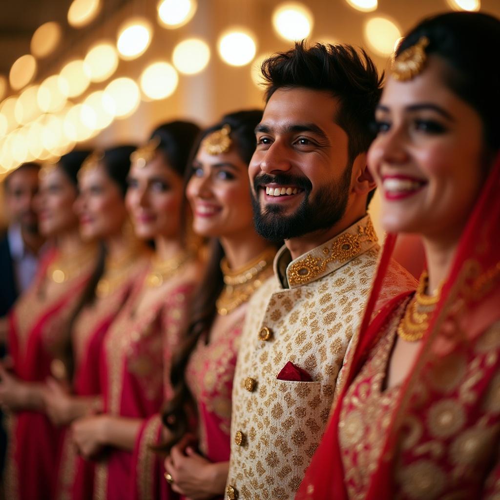 A group of people dressed in traditional clothing, smiling and standing in a line at a festive event, warm lighting, cultural celebration.