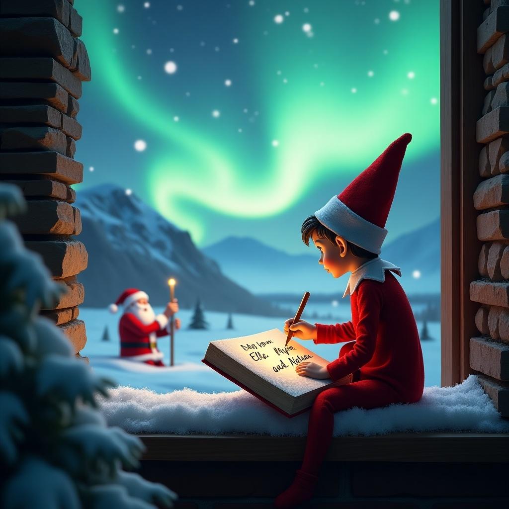 A whimsical Christmas scene features a young elf perched on a rocky ledge. This elf, donned in a classic red outfit, is engrossed in writing in a large book. The book expresses a heartfelt message, 'See You Soon Ella, Mia and Nathan,' glowing as he writes. The enchanting northern lights swirl vibrantly above, casting a magical ambiance over the snow-covered mountains and peaceful landscape. In the background, Santa Claus stands amidst this wintry vista, further enhancing the holiday spirit. Snowflakes gently fall in the foreground, completing the whimsical and festive atmosphere.