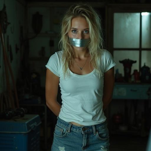 Cinematic realism of a distressed girl in a garage. Hands tied behind back, mouth sealed with duct tape. Wears plain white t-shirt and faded jeans. Blonde hair disheveled. Blue eyes plead for help, single tear on cheek. Garage walls cluttered with tools. Light illuminates her, casts shadows. Close-up, tense atmosphere.