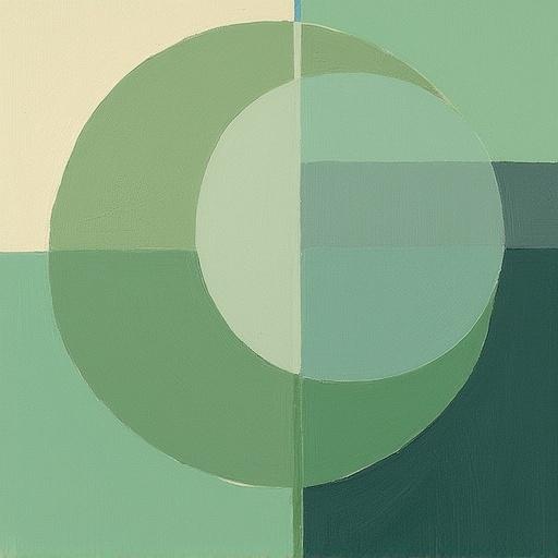 Mid-century modern sage green art with geometric patterns and abstract elements. Features a central circular shape against a layered background. The artwork combines soft greens and beige tones ideal for decoration.