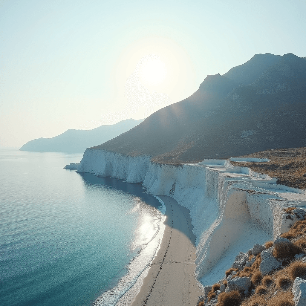 A tranquil coastal scene with towering white chalk cliffs bathed in soft sunlight, with gentle waves lapping at the sandy beach below.