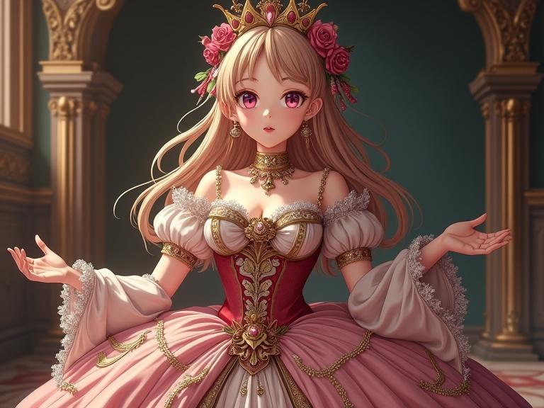 Magical girl in an ornate dress. Dress has intricate textures and opulent fabrics. Highly theatrical pose. Large anime-style eyes. Stylized proportions of body.