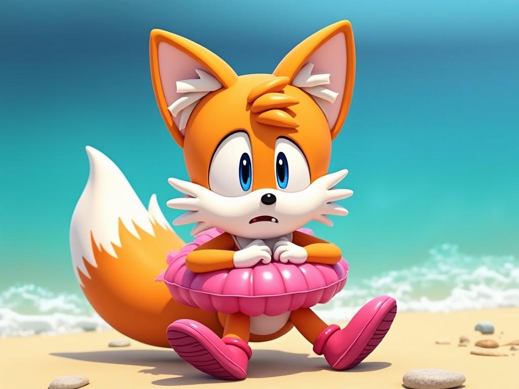 Tails, a character from the Sonic the Hedgehog franchise, is feeling anxious while at the beach. He wears a pink tutu swimming costume along with a red and pink striped rubber swim ring. His knock-knees touch each other due to his nervousness, creating an endearing, worrisome stance. The scene is set against a bright blue ocean that adds to the cheerful vibe of the image. Tails' expression conveys worry, making him relatable to viewers.