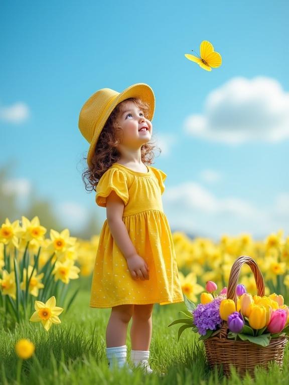 A heartwarming shot of a little girl with curly hair. She gazes upwards at a butterfly. Wearing a yellow polka dot dress and matching hat. Stands in a field with yellow daffodils. A basket of tulips nearby. The sky is blue with white clouds. Natural lighting highlights the scene.