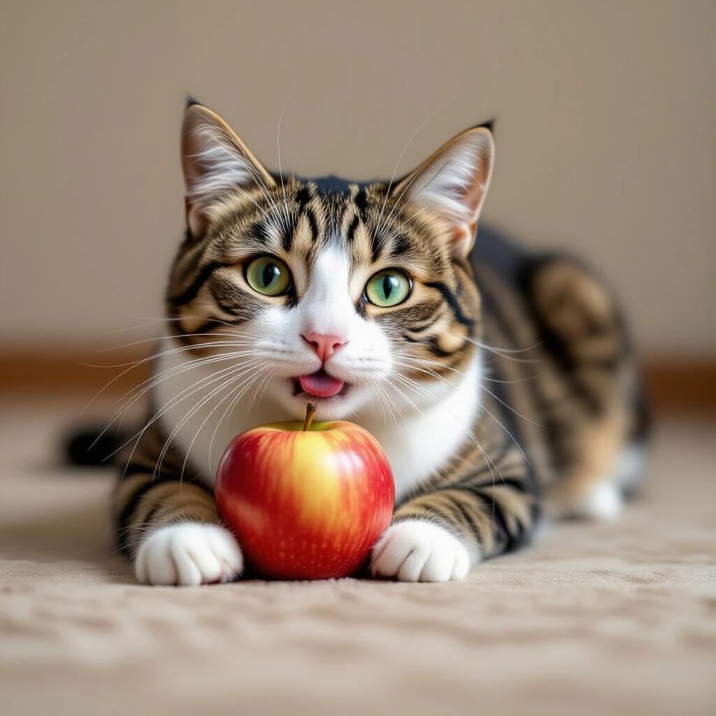 Playful cat poses with a shiny red apple on a soft fabric background.