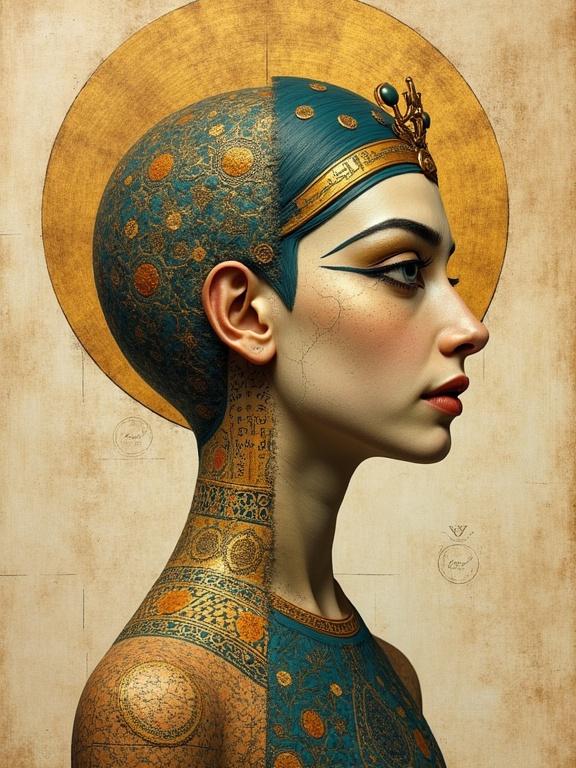 A surreal composite portrait. Figure with left side inspired by ancient Egyptian art with a profile face adorned in gold and turquoise. Center inspired by Coptic iconography featuring a round face and large eyes with a warm halo. Right side integrated with Islamic geometric patterns and kufic script in skin texture. Background has soft parchment texture. The figure appears timeless, fragmented but harmonious.