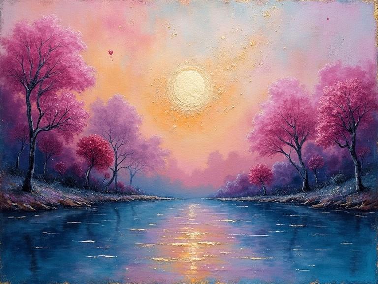 A colorful and dreamy landscape with vibrant pink trees and a calm river. The sun glows in the sky, casting reflections on the water. The scene evokes a sense of peace and tranquility with whimsical elements.