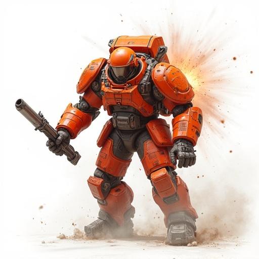 A large armored robot stands against a white background. The robot is orange and heavily detailed. It holds a weapon. An explosion is seen behind it. Dust and debris are present.