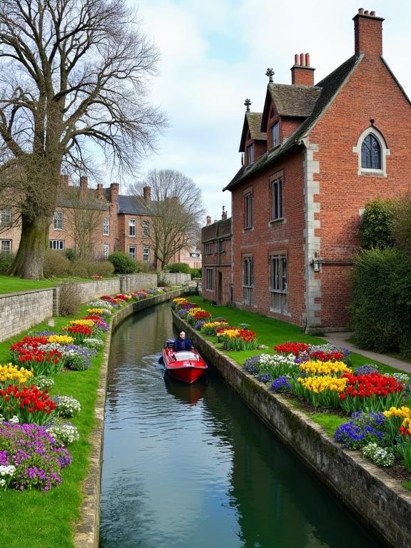 A picturesque small river or canal bordered by vibrant flower gardens and historic buildings. The water is greenish-blue with reflections. A narrow canal with stone walls. The river features a red boat with a person. The gardens display red, yellow, purple, blue, and white flowers, lush and meticulously maintained. The prominent building is red brick with white accents and a gabled roof. The scene includes bare trees with light blossoms and a bright blue sky. A small stone bridge connects the two sides.