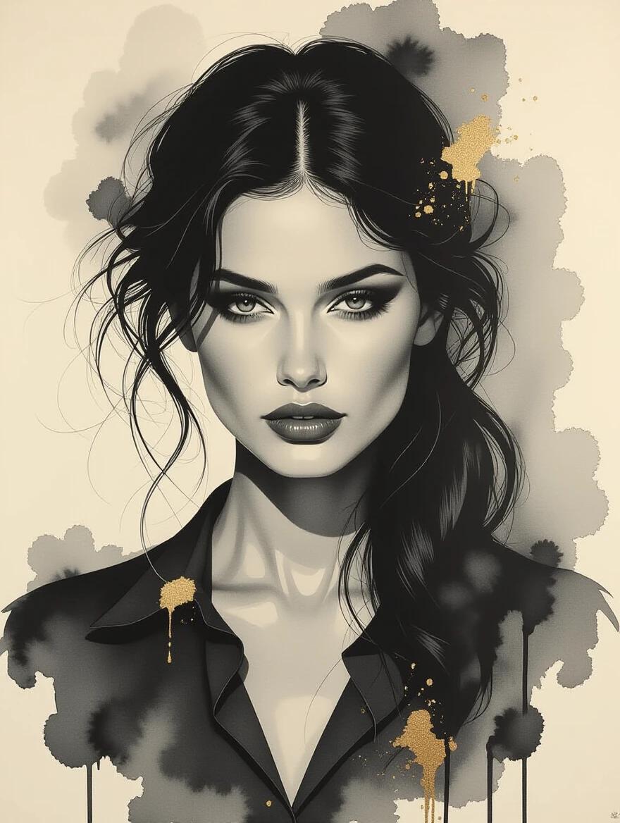Artwork showcasing a conceptual portrait in black and white. Features a minimalist aesthetic with an elegant figure. Includes splashes of gold and a distressed texture. Evokes feelings of shyness and ethereal beauty. Demonstrates the use of ink wash technique on weathered parchment paper. Art inspired by Matisse with high contrast elements.