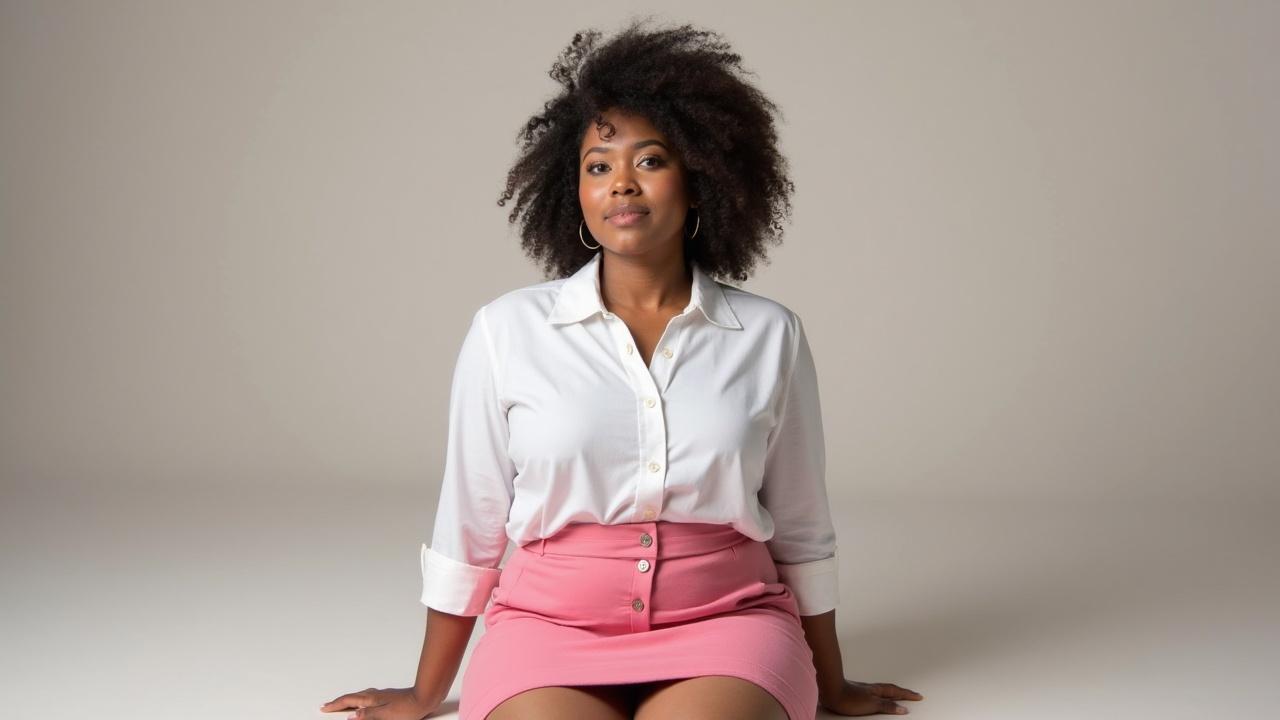 The image features a woman with natural, curly hair sitting confidently against a neutral background. She is wearing a white blouse and a pink skirt, which adds a pop of color to the otherwise muted background. Her expression is calm and composed, adding a sense of empowerment to the overall image.