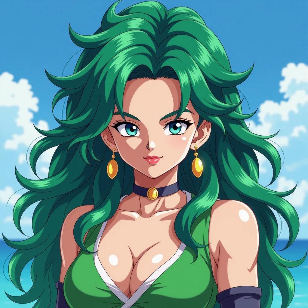 Character from popular anime featuring green hair and a vibrant outfit. Feminine features emphasized for realism with vibrant colors in background.