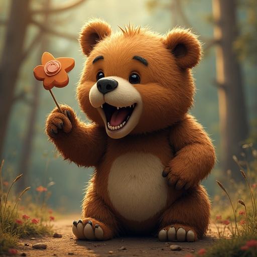 A cartoon bear happily holding a flower-shaped popsicle in a sunny forest setting. The bear has a joyful expression and round features. The scene is bright and cheerful with lush greenery.