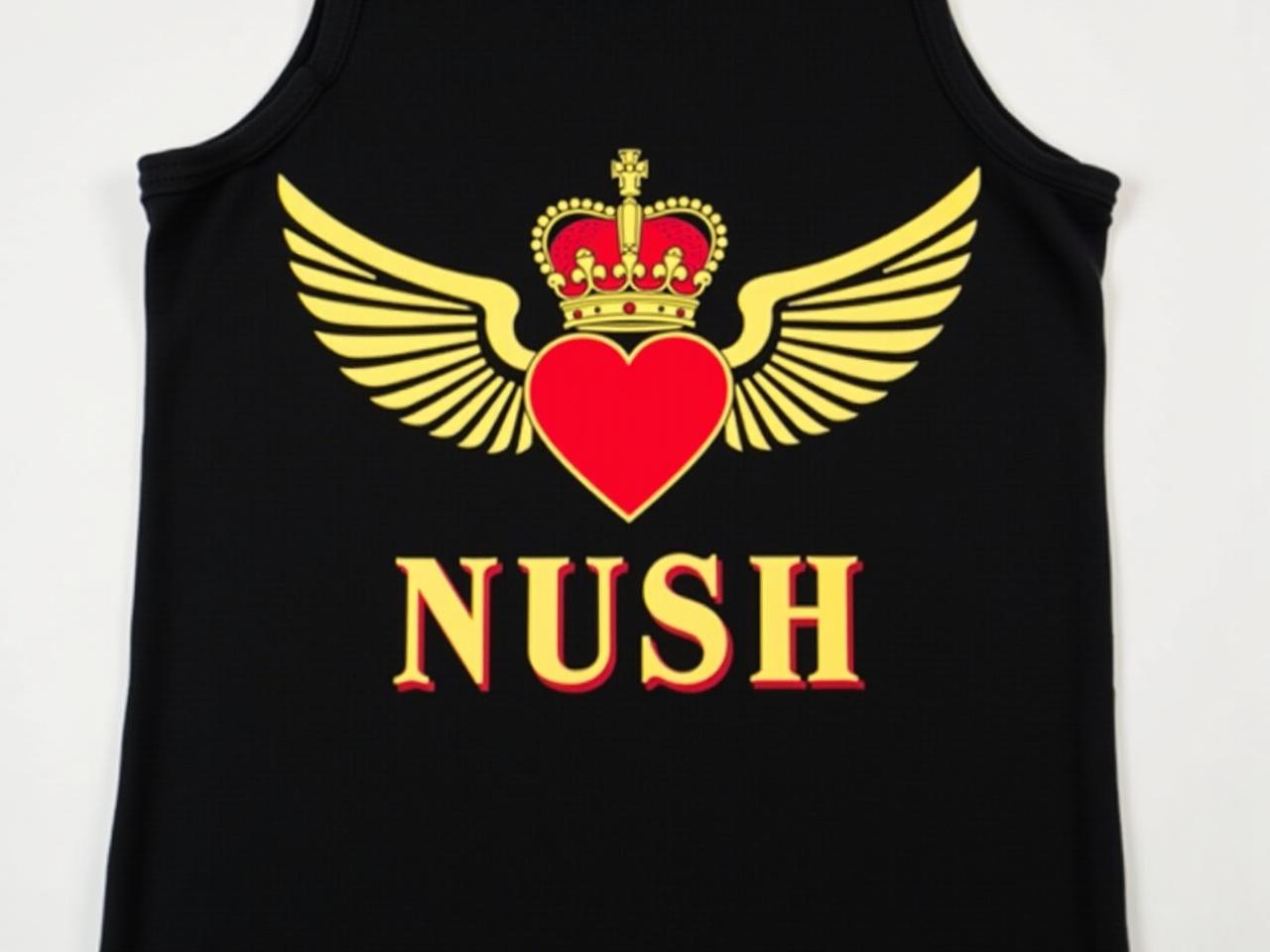 The image shows a black tank top featuring a colorful design on the front. The design includes a red and gold crown above a red geometric heart or an abstract shape representing a heart. Flanking the heart shape are large, stylized wings in a golden color. Below the heart, the word 'NUSH' is written in bold, modern lettering. The overall design gives a bold and artistic impression, suitable for casual wear.