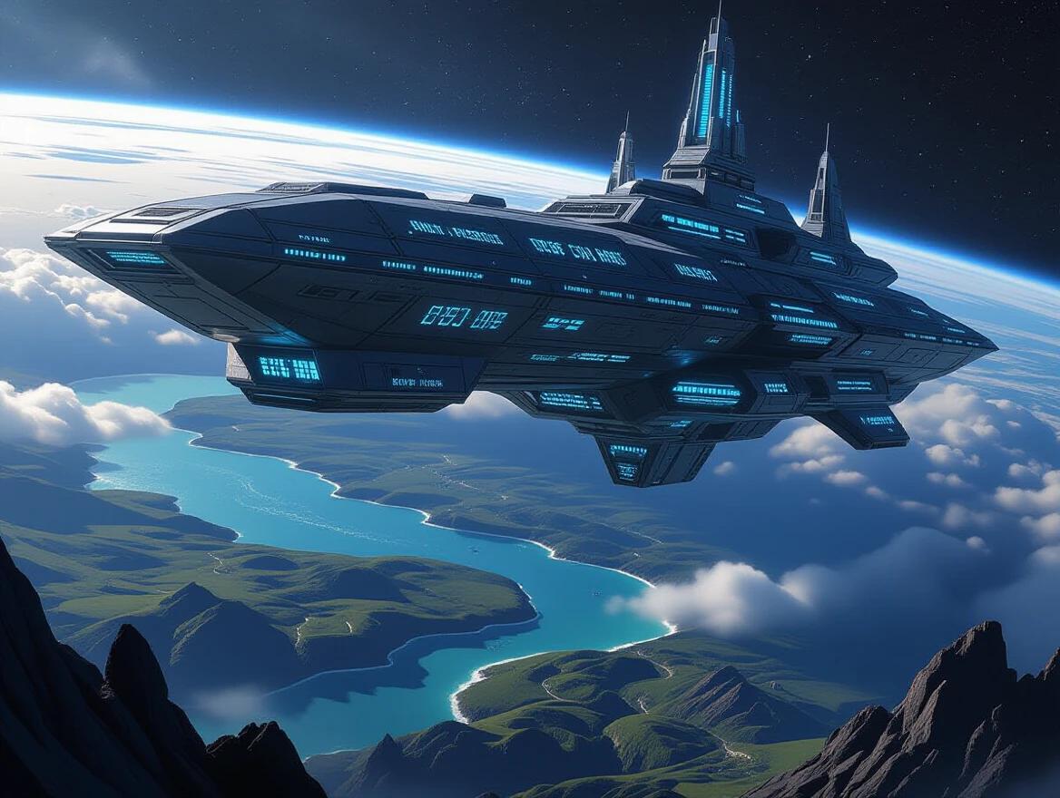 A colossal futuristic spaceship looms over an alien planet with a massive metallic hull under a distant star's light. The ship features glowing blue energy engines, towering spires, and armored plating with alien symbols. Below is a vibrant world with blue oceans and green continents, surrounded by atmospheric haze. The scene has dramatic shadows and an eerie glow from the planet's light. Stars twinkle in the vast cosmos for a sense of awe.