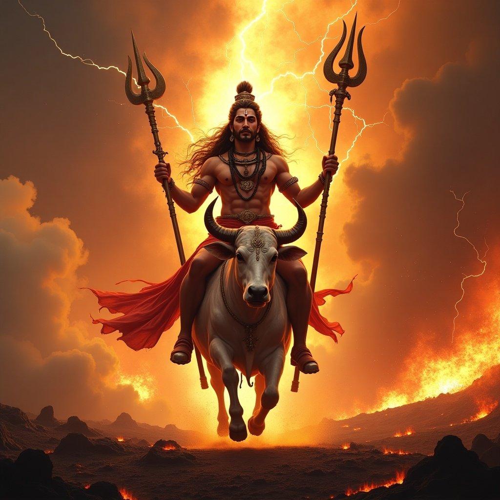 Mahadev emerges from fiery depths of a volcanic eruption. Majestic form with fiery hues of molten lava. Third eye blazes intensely. Holds Trishul and Gada. Stands tall on Nandi, charging into battle. Scene of chaos and divine power. Gods and goddesses look on. Volcanic terrain with lava flows and ash clouds. Tumultuous skies with dark clouds and lightning. Snake necklace, Vasuki, writhes with life. Details rendered in photorealism, blending mythology and cinematic grandeur.