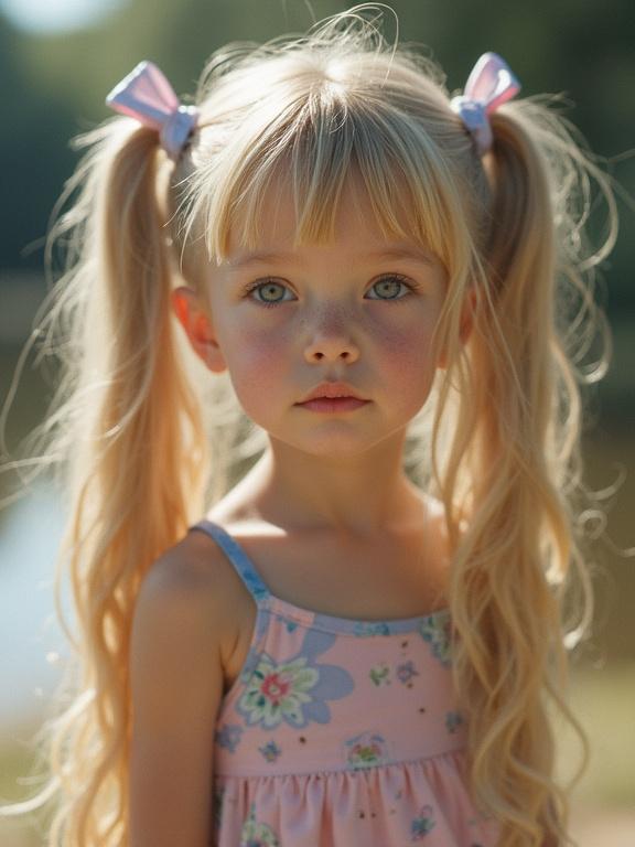 A young girl about ten years old has long blonde hair styled in lush twin tails adorned with bows. She wears a micro skirt resembling a tiny strip of fabric with thigh-high socks. The setting shows a natural background with a soft, dreamy aesthetic often seen in low-resolution photographs.
