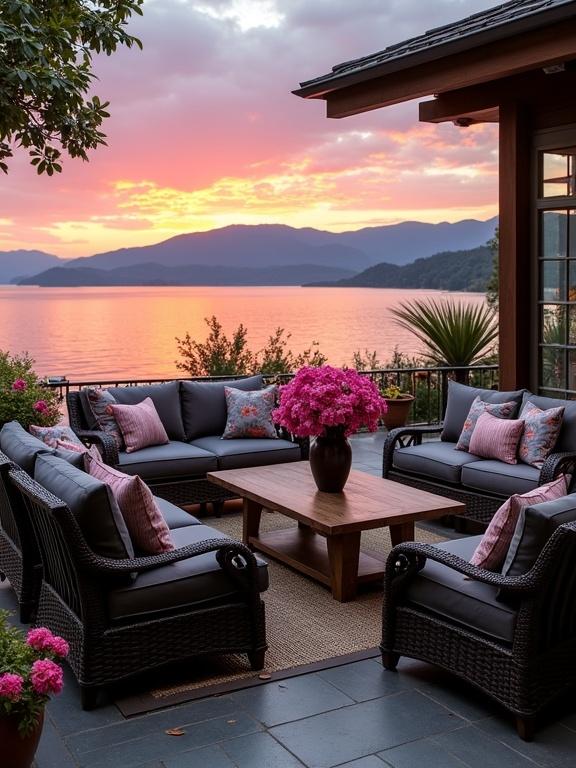 This image features a lakeside patio at sunset. The setting blends tranquility with upscale outdoor decor. The ambiance is enhanced by warm sunset lighting, highlighting the rich colors of the furnishings. Comfortable seating includes a loveseat and armchairs with patterned cushions. A wooden coffee table is adorned with a vibrant flower arrangement. The stone flooring provides an earthy contrast. The overall design merges tropical elements with Asian-inspired elegance, creating a luxurious and inviting environment.