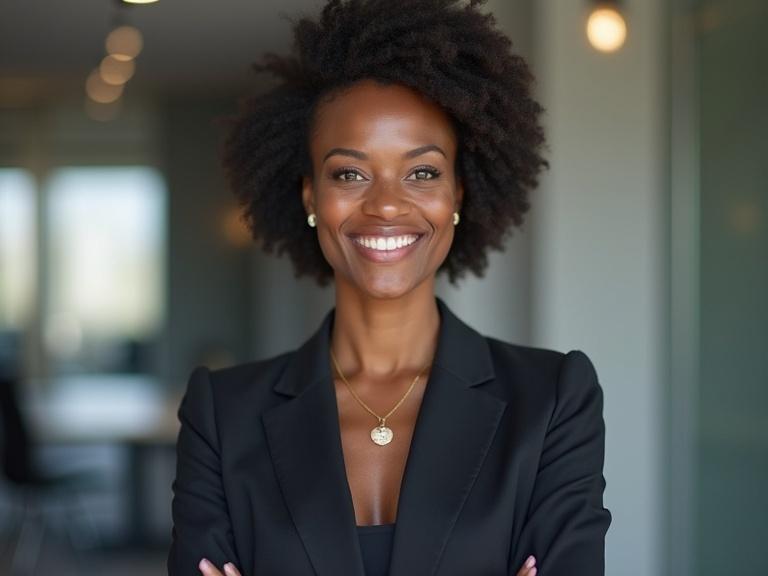 Confident Black British woman in her mid-40s. Dressed in professional business attire. Standing in a well-lit modern office setting. Clean polished appearance with minimal makeup. Empowering expression during mock interview session. High-quality studio lighting with no shadows. Cleared view of face and upper body. Strong contrast with blurred background.